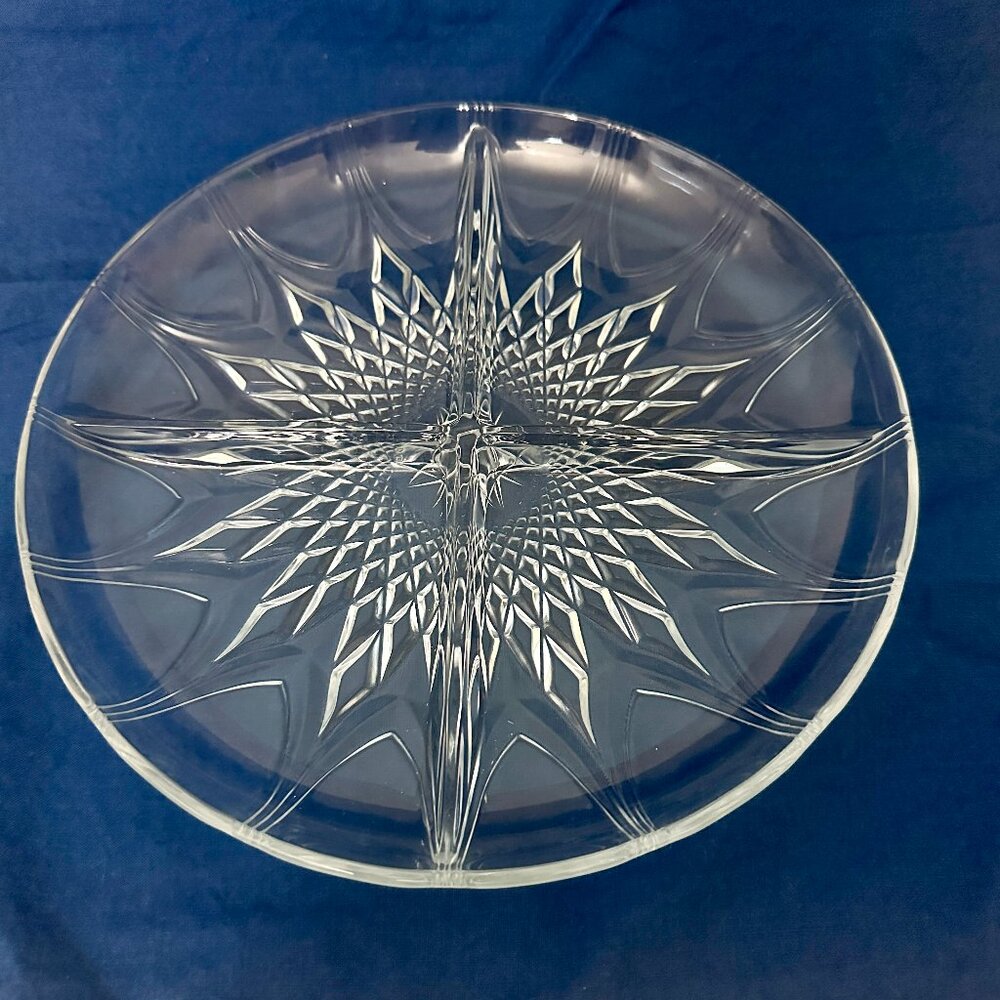 Cut Glass Serving Platter Round With 4 Sections Starburst Pattern 9.5 Inches
